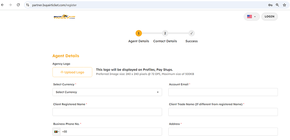 travel business portal signup form